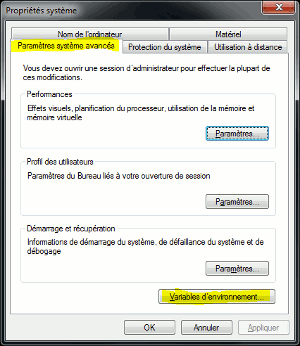 Paramtres systme avancs -> Variables d'environnement