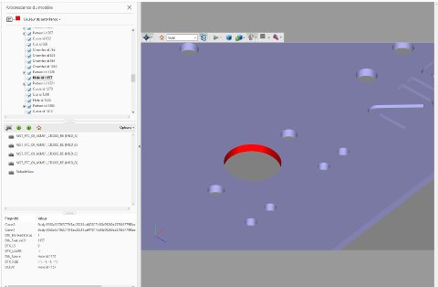 Fichier Creo converti en PDF 3D avec CrossManager. La sélection d’une feature « trou » met en surbrillance le trou dans la géométrie. Les informations sémantiques du trou sont affichées. Les ModelDisplays du fichier d’origine sont disponibles.