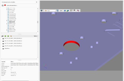 Creo file converted in 3DPDF with CrossManager. Selecting a hole feature highlights the hole in the geometry. Semantical information of the hole are displayed. ModelDisplays of the original file are available.