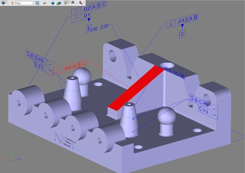 Fichier Creo converti en PDF 3D avec CrossManager. Les PMI sont conservées et la sélection d’une PMI met en surbrillance l’entité correspondante.