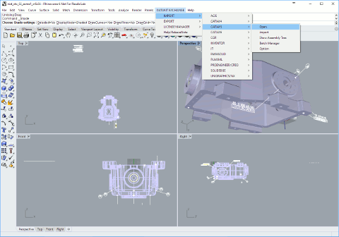 Fichier CATIA V5 importé dans Rhino 6 en utilisant le menu ajouté par CrossCad/Plg