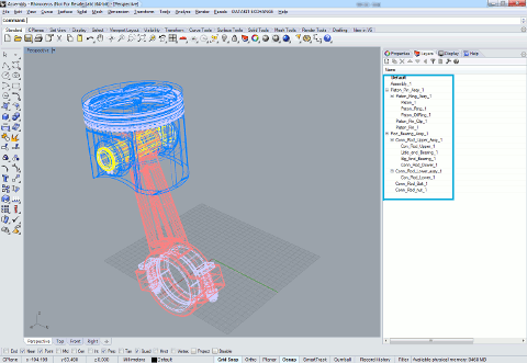 Assembly imported in Rhino with Datakit plug-in. The assembly tree is reconstructed as layers (blue box)